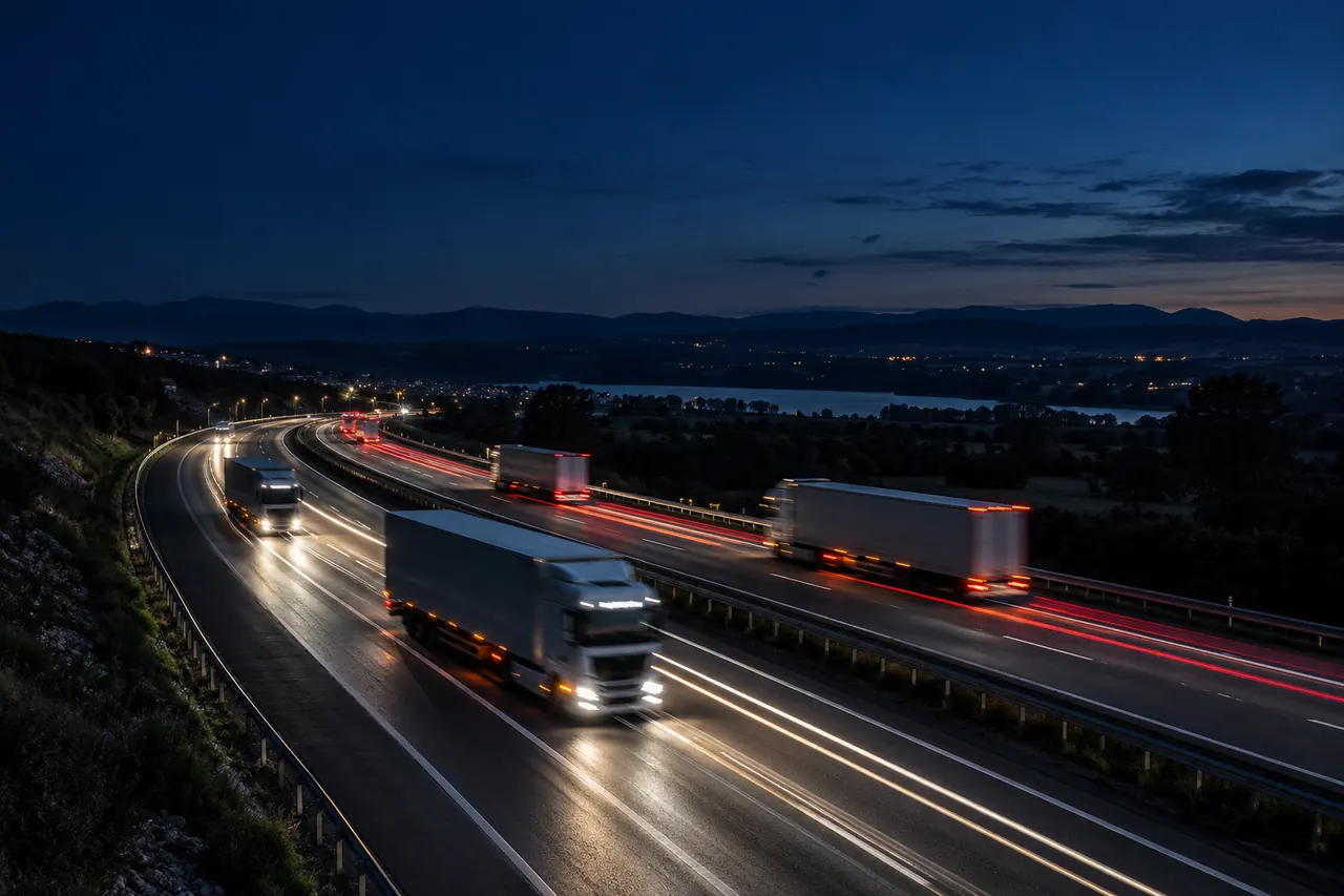 Camiones de noche por la autopista; sus luces dejan estelas sobre el asfalto.